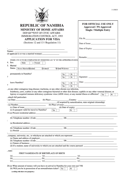 Fillable Form 31/0033 Application For Visa Republic Of Namibia
