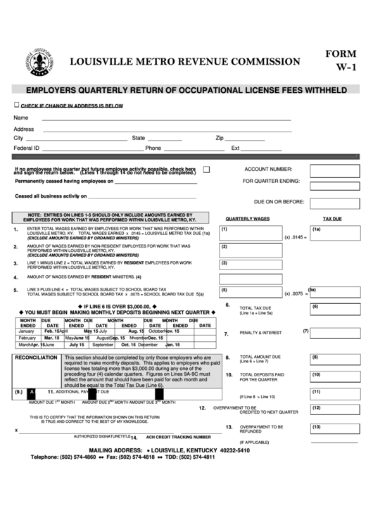 Form W1 Employers Quarterly Return Of Occupational License Fees