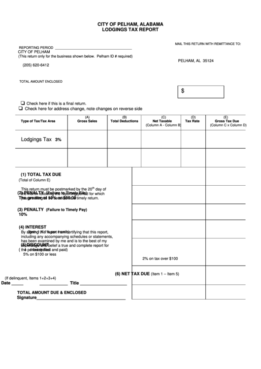Fillable Lodgings Tax Report Form City Of Pelham printable pdf download