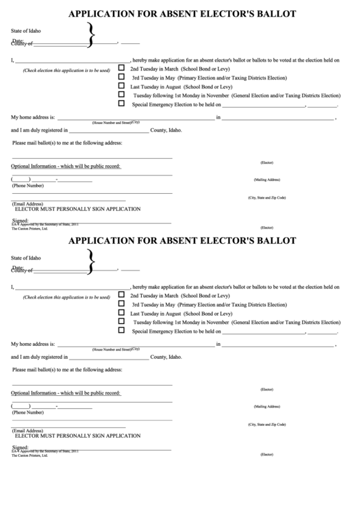 Application For Absent Elector'S Ballot Form printable pdf download