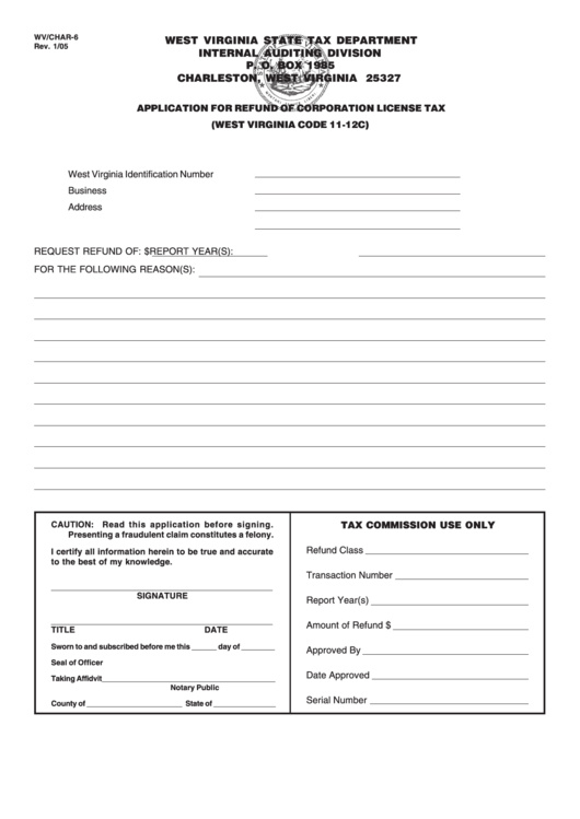 Form Wv/char6 Application For Refund Of Corporation