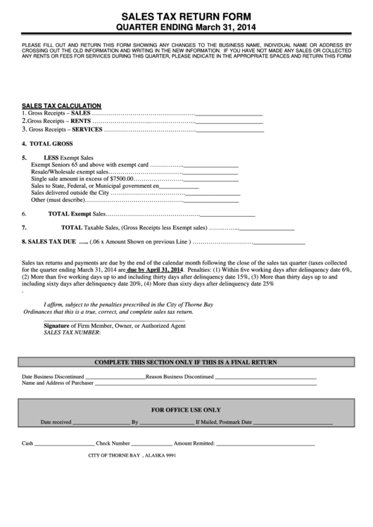 Sales Tax Return Form City Of Thorne Bay 2014 printable pdf download