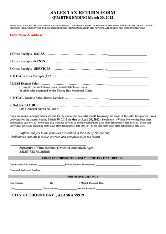 Sales Tax Return Form City Of Thorne Bay 2012 printable pdf download