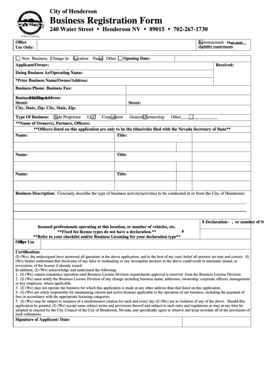 Business Registration Form City Of Henderson printable pdf download