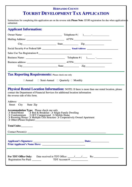Tourist Development Tax Application Form Hernando County, Florida