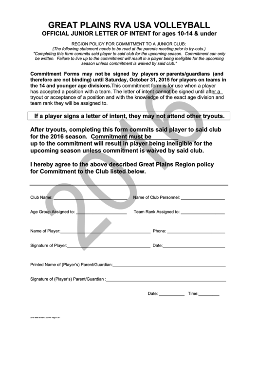 Volleyball Official Junior Letter Of Intent Template printable pdf download