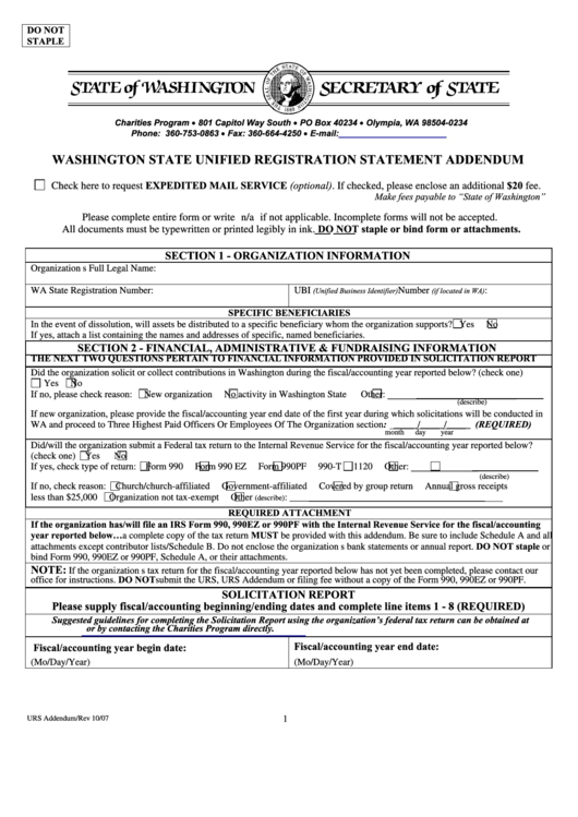 Washington State Unified Registration Statement Addendum Form printable