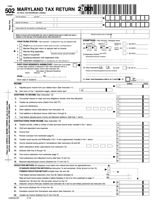Fillable Form 502 Maryland Tax Return 2001 printable pdf download