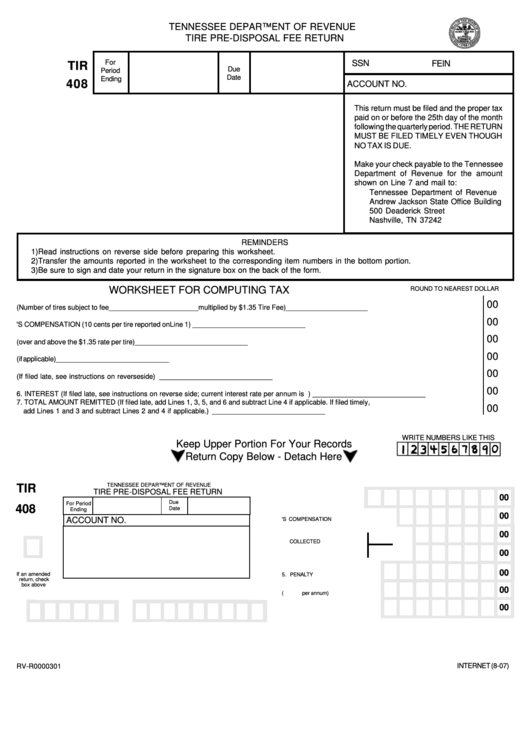Form Tir 408 Tire PreDisposal Fee Return printable pdf download