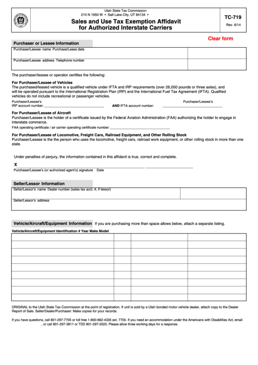Fillable Form Tc719 Sales Tax Exemption Affidavit Form