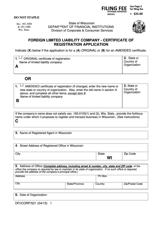 Fillable Form Dfi/corp/521 Foreign Limited Liability Company
