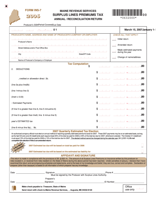 Form Ins7 Surplus Lines Premiums Tax Annual / Reconciliation Return