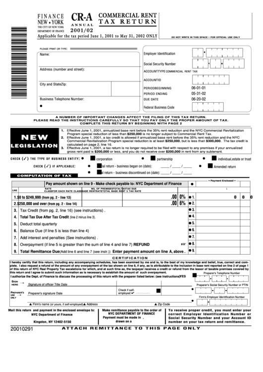 Form CrA Commercial Rent Tax Return 2001/02 printable pdf download