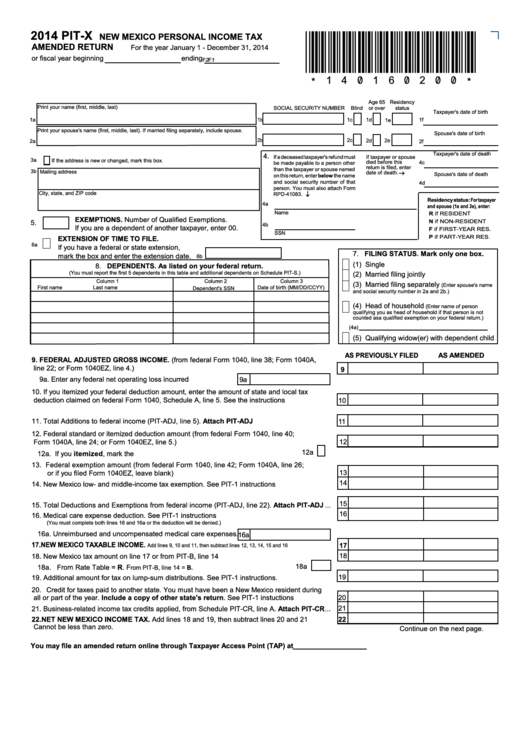Form PitX New Mexico Personal Tax Amended Return 2014 printable pdf download
