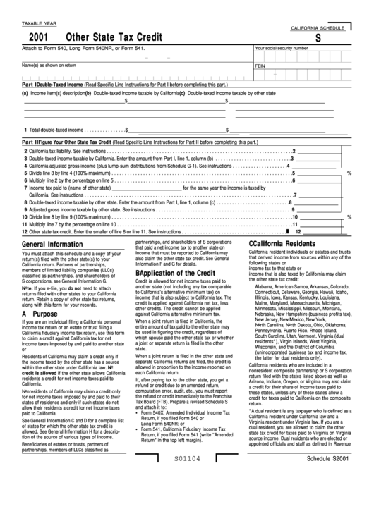 California Schedule S Other State Tax Credit 2001 printable pdf