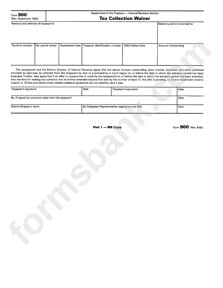 Tax Collection Waiver Form Department Of Treasury Internal Revenue