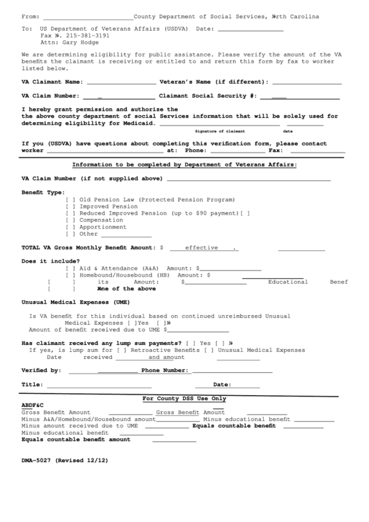 Form Dma5027 North Carolina Department Of Social Services printable