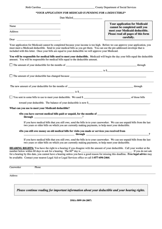 Form Dma5099 North Carolina Department Of Social Services printable