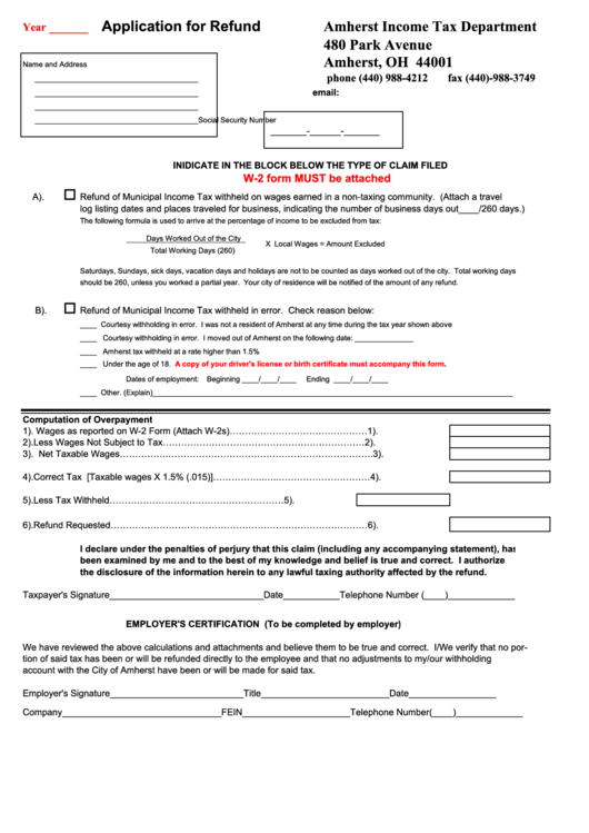 Application For Refund Form Amherst Tax Department printable