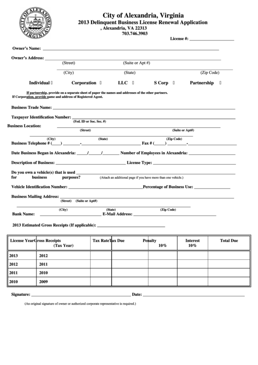 2013 Delinquent Business License Renewal Application Form City Of