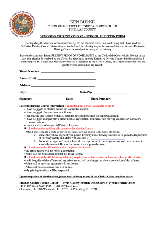 Fillable Defensive Driving Course School Election Form Pinellas