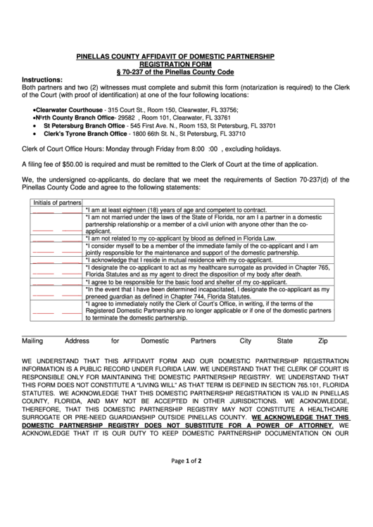 Pinellas County Affidavit Of Domestic Partnership Registration Form