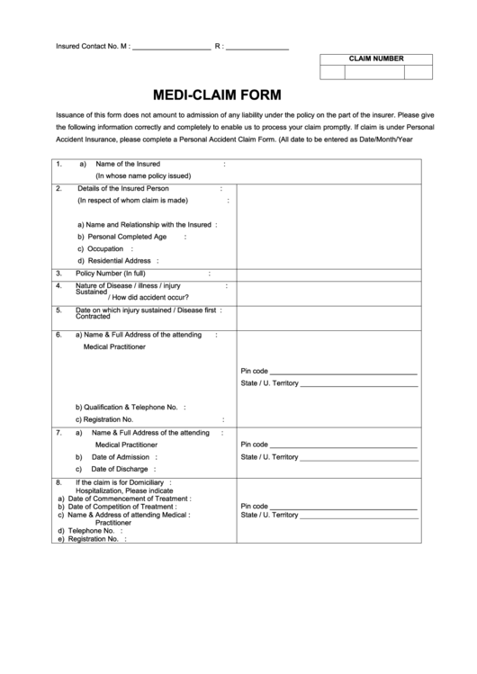 MediClaim Form printable pdf download