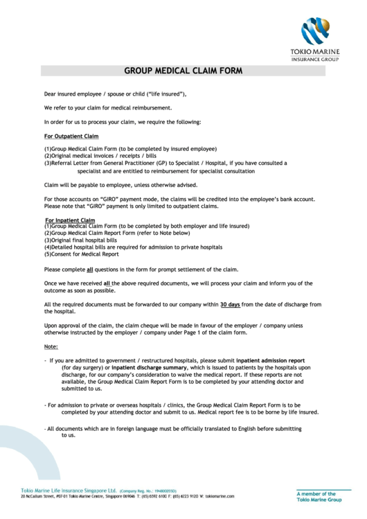 Tokio Marine Group Medical Claim Form printable pdf download