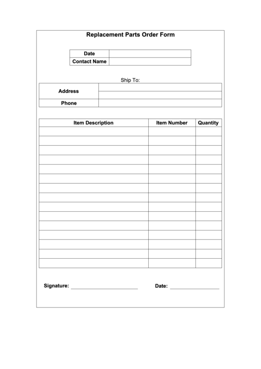 Replacement Parts Order Form Template printable pdf download