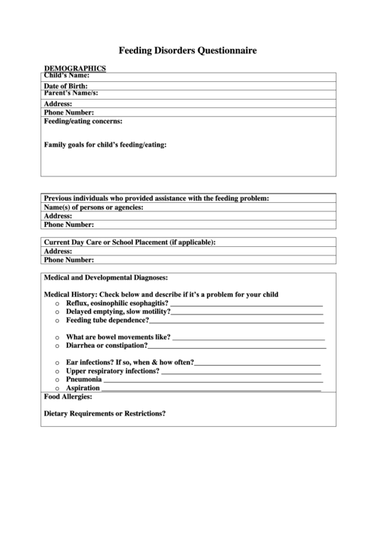 Feeding Disorders Questionnaire printable pdf download