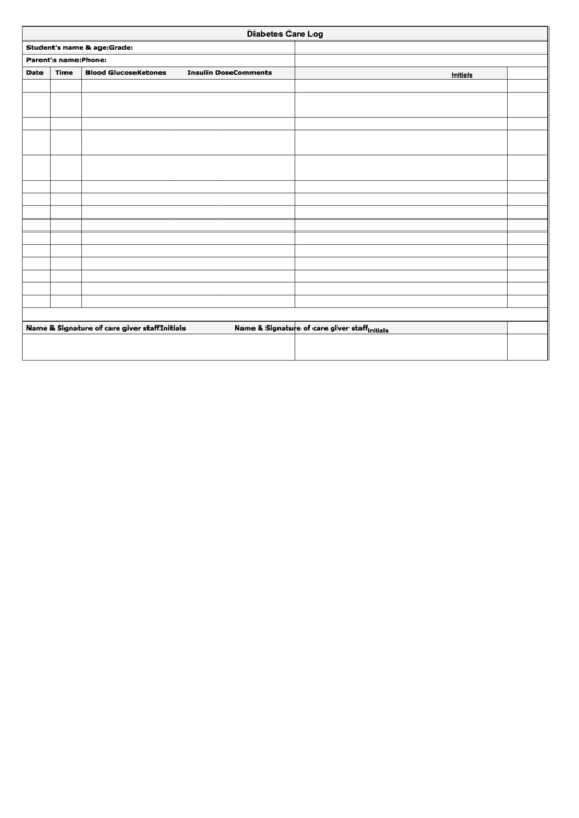 Diabetes Care Log Sheet printable pdf download