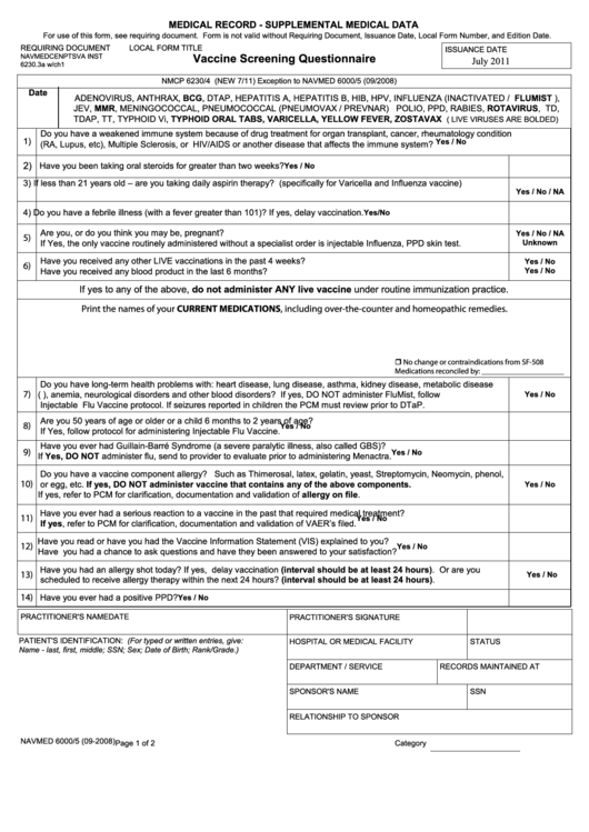 Fillable Vaccine Screening Questionnaire Template