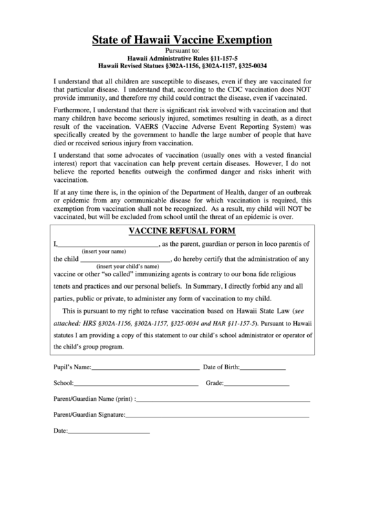 Vaccine Exemption Form State Of Hawaii printable pdf download