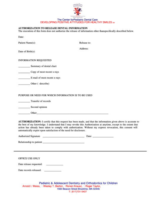 Sample Authorization To Release Dental Information printable pdf download