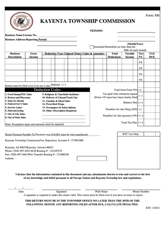 Form 300 Kayenta Township Commission January 2012 printable pdf download
