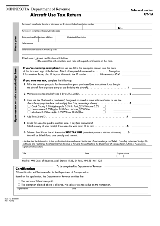 Form Ut1a Aircraft Use Tax Return Form State Of Minnesota