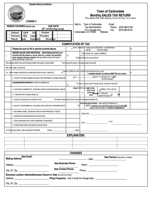 Monthly Sales Tax Return Form Town Of Carbondale printable pdf download