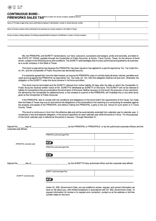 Fillable Form 01145 Continuous Bond Fireworks Sales Tax printable