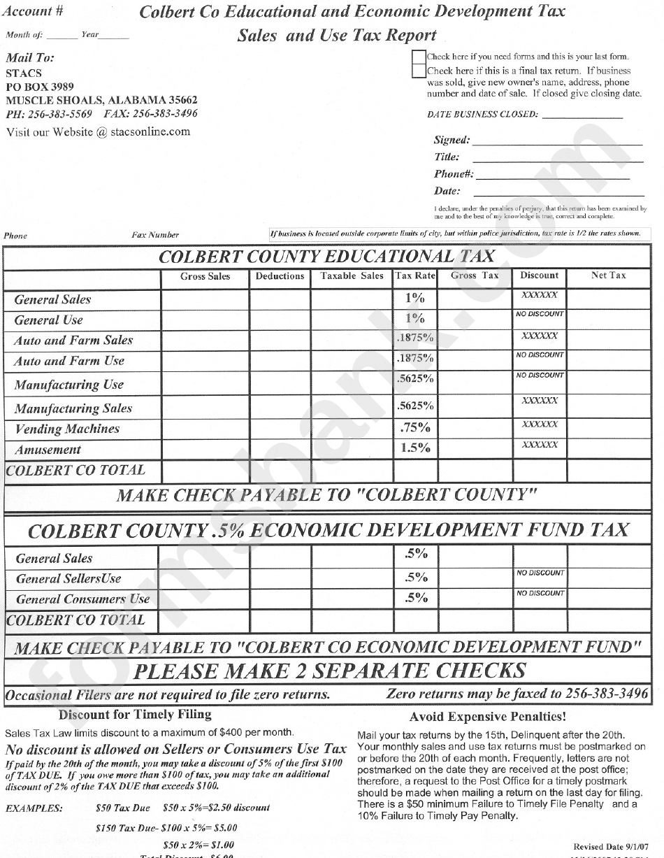 Colbert Co Educational And Economic Developement Tax, Sales And Use Tax Report Form Colbert