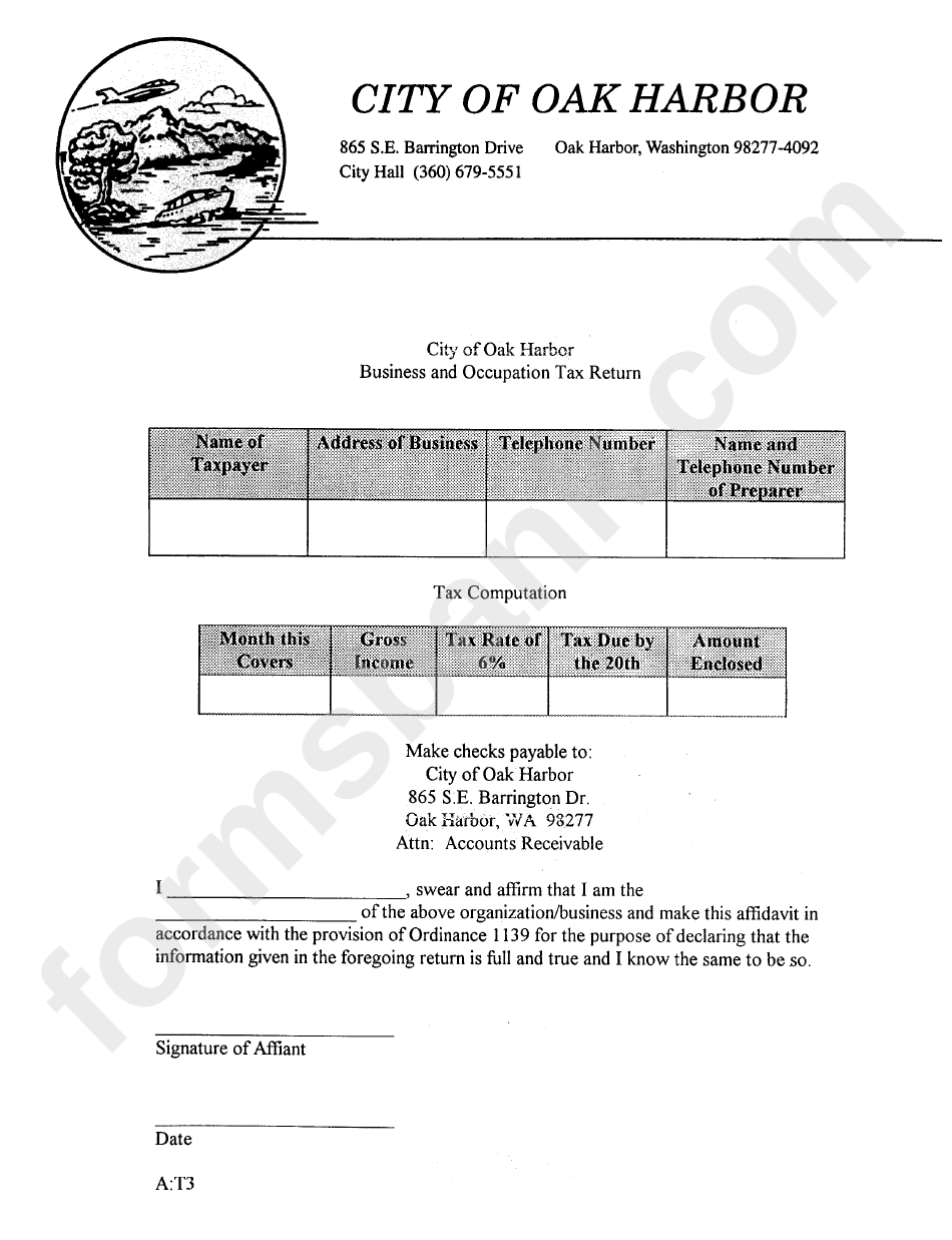 Business And Occupation Tax Return Form City Of Oak Harbor printable