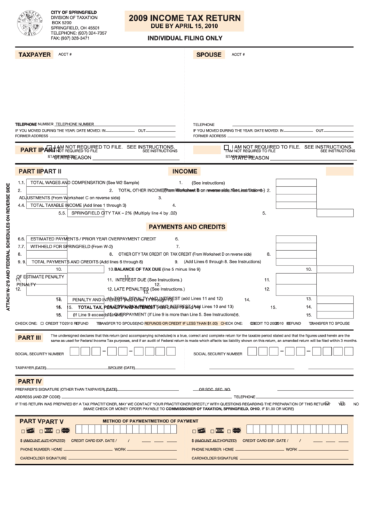 Tax Return Form Springfield Tax Division 2009 printable pdf download