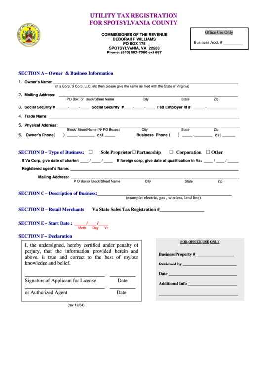 Utility Tax Registration For Spotsylvania County Form Commissioner Of