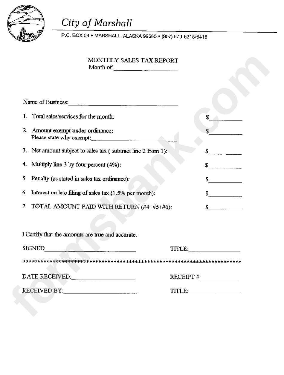 Monthly Sales Tax Report Form City Of Marshall, Alaska printable pdf