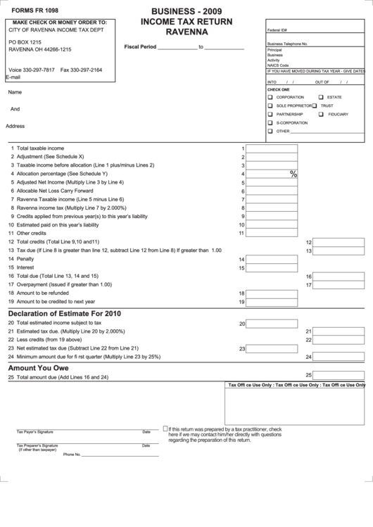 Form Fr 1098 Business Tax Return Ravenna 2009 printable pdf