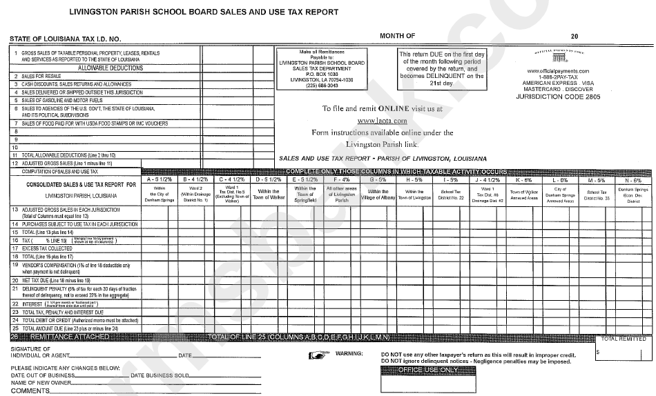 Livingston Parish School Board Sales And Use Tax Report Form printable
