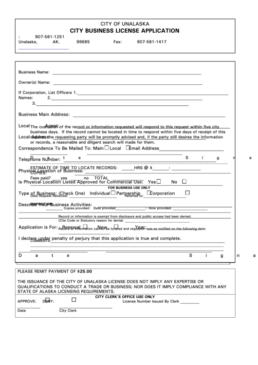 City Business License Application Form City Of Unalaska printable pdf