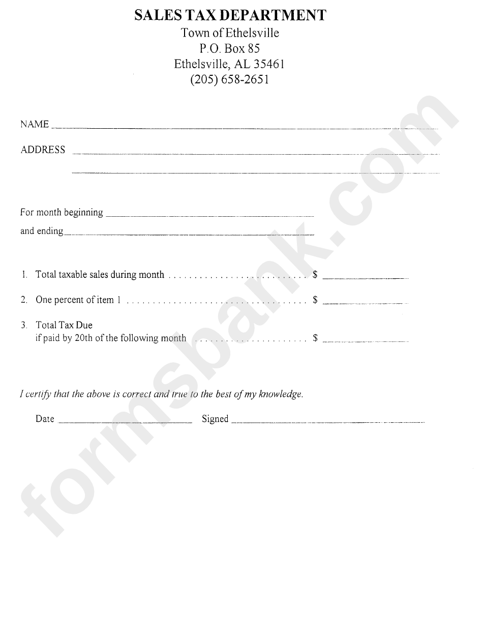 Sales Tax Form Town Of Ethelsville printable pdf download