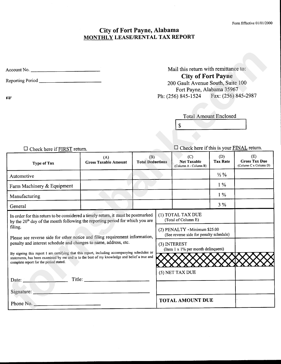 Monthly Lease/rental Tax Report Form City Of Fort Payne printable pdf