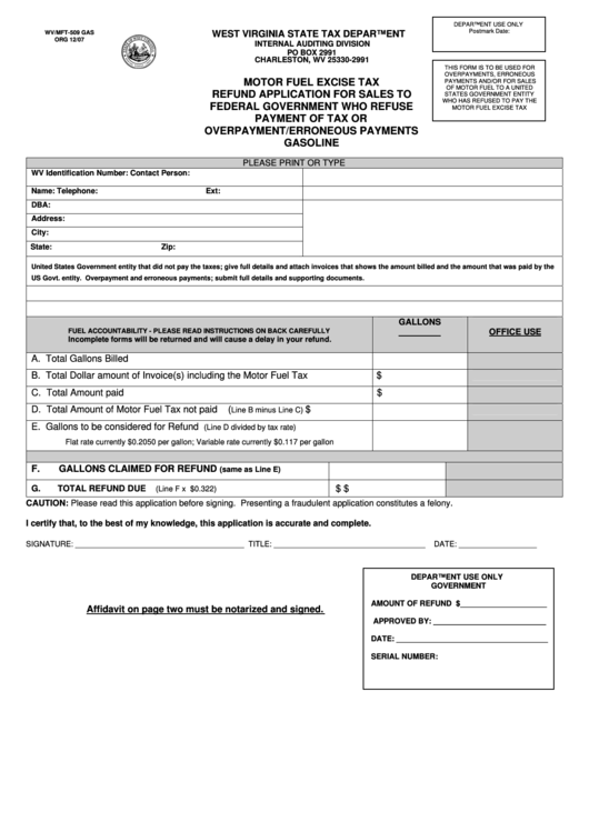 Form Wv/mft509 Gas Motor Fuel Excise Tax Refund Application For