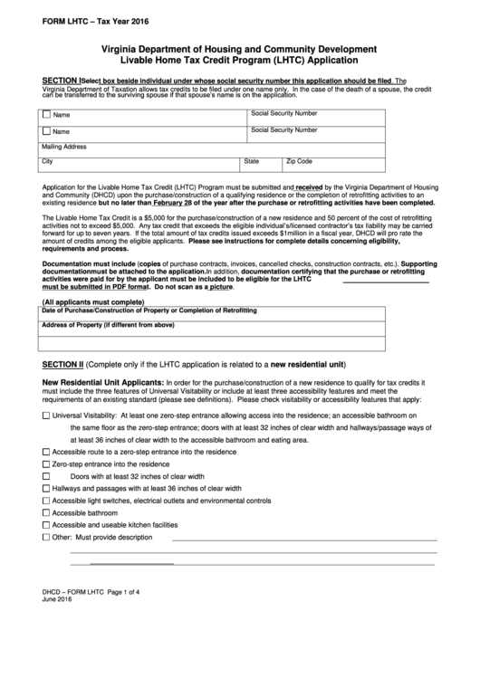 Form Lhtc Livable Home Tax Credit Program (Lhtc) Application 2016